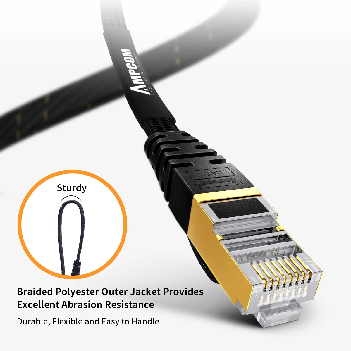 AMPCOM CAT7 Ethernet Cable Flat Lan Cable SFTP Round RJ45 Network Cable Cat 7 Internet Cord for Router Modem PC PS4 Patch Cable