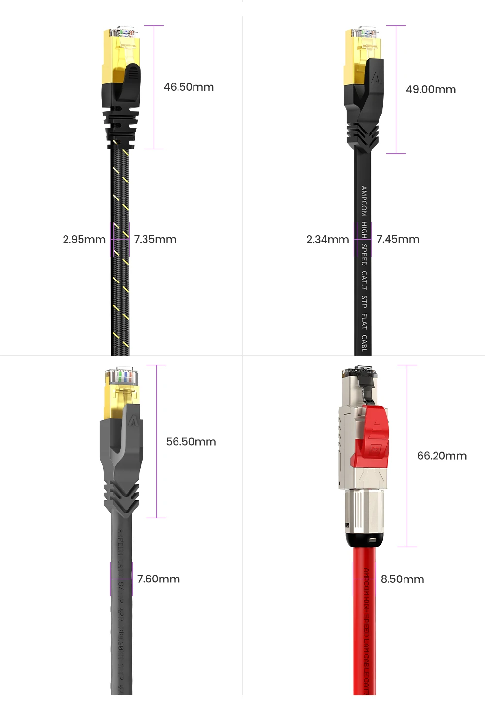 AMPCOM CAT7 Ethernet Cable Flat Lan Cable SFTP Round RJ45 Network Cable Cat 7 Internet Cord for Router Modem PC PS4 Patch Cable