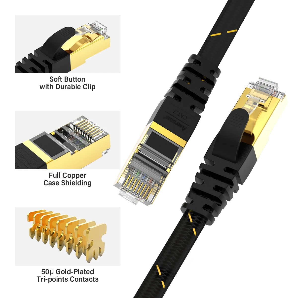 AMPCOM CAT7 Ethernet Cable Flat Lan Cable SFTP Round RJ45 Network Cable Cat 7 Internet Cord for Router Modem PC PS4 Patch Cable