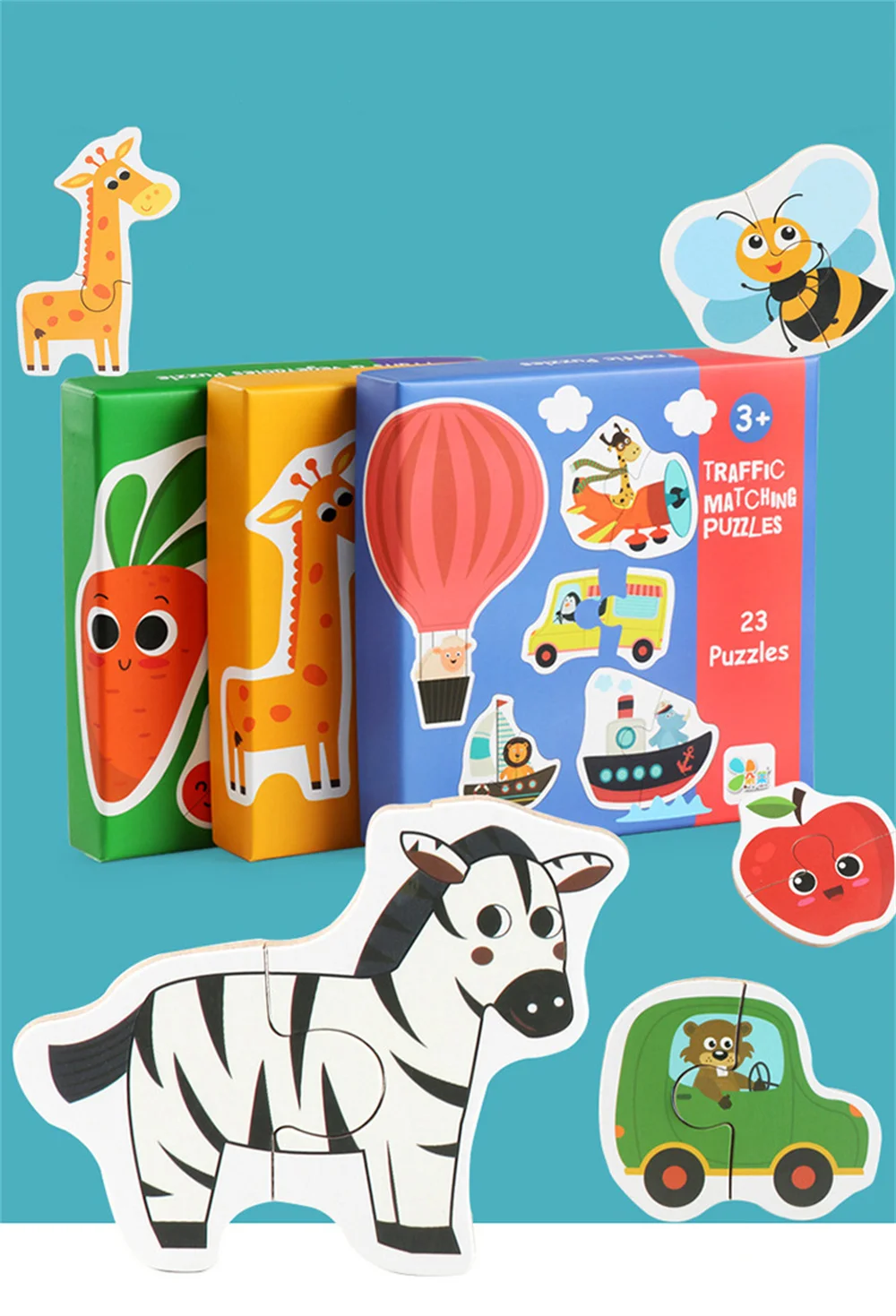 Kids Wooden Jigsaw Matching Puzzle Game Baby Early Learning Cognition Animal Fruit Traffic Educational Toys for Children Gifts