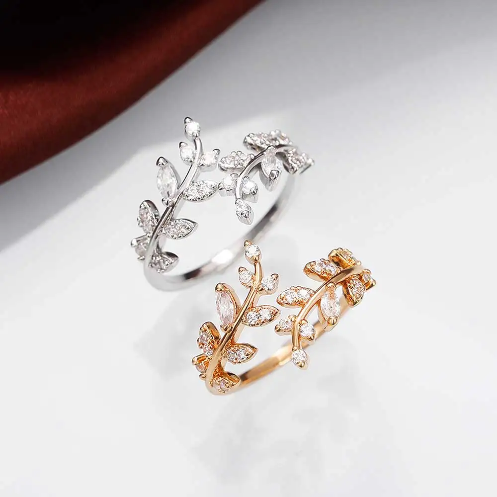Huitan Fancy Leaf Design Adjustable Opening Rings for Women Sparkling Cubic Zirconia Olive Ring Party Daily Wear Fashion Jewelry