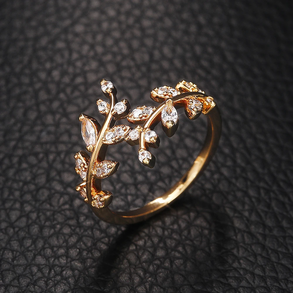 Huitan Fancy Leaf Design Adjustable Opening Rings for Women Sparkling Cubic Zirconia Olive Ring Party Daily Wear Fashion Jewelry