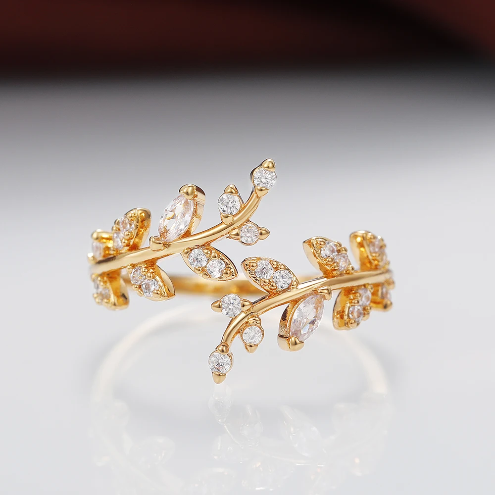 Huitan Fancy Leaf Design Adjustable Opening Rings for Women Sparkling Cubic Zirconia Olive Ring Party Daily Wear Fashion Jewelry