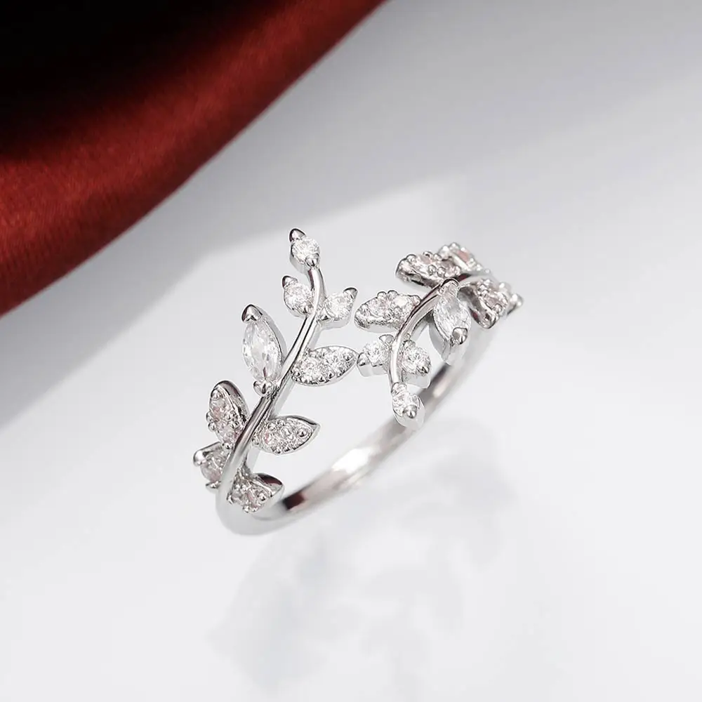 Huitan Fancy Leaf Design Adjustable Opening Rings for Women Sparkling Cubic Zirconia Olive Ring Party Daily Wear Fashion Jewelry