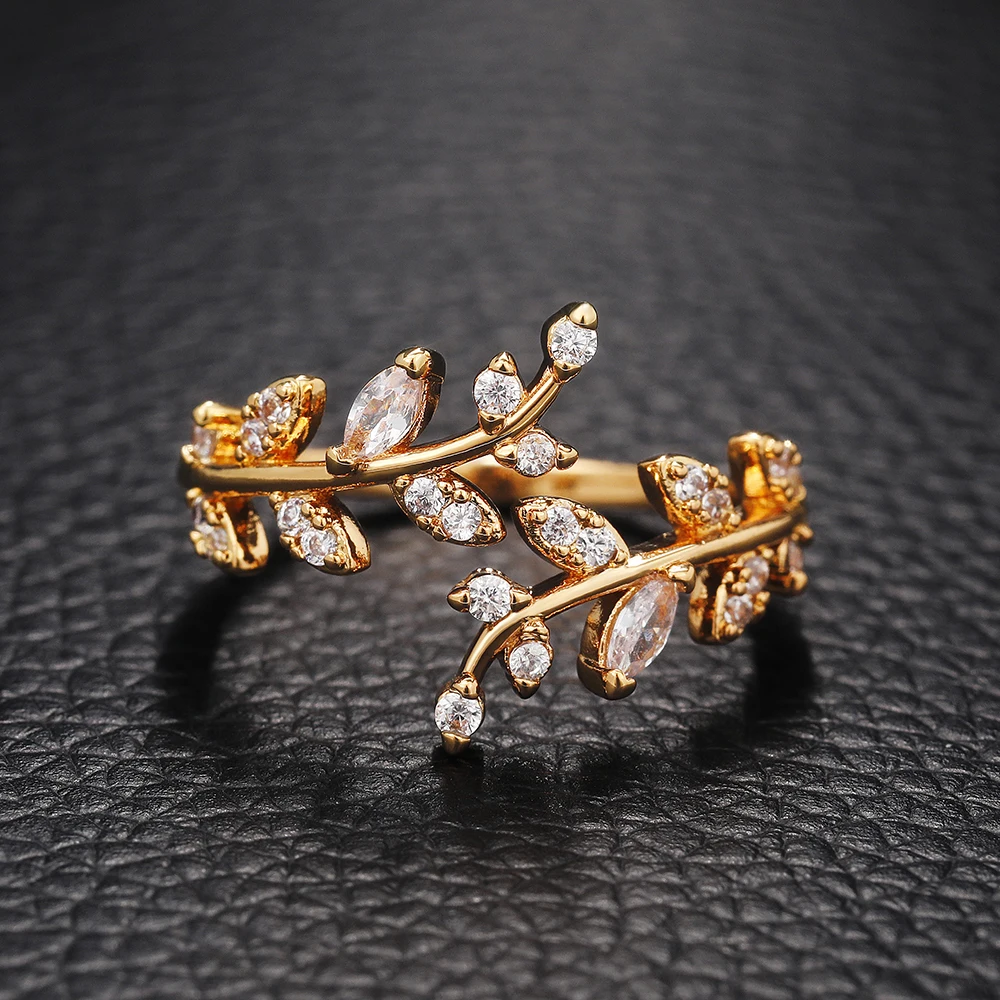 Huitan Fancy Leaf Design Adjustable Opening Rings for Women Sparkling Cubic Zirconia Olive Ring Party Daily Wear Fashion Jewelry