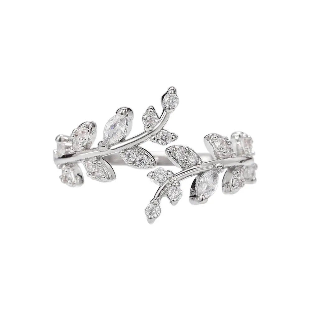 Huitan Fancy Leaf Design Adjustable Opening Rings for Women Sparkling Cubic Zirconia Olive Ring Party Daily Wear Fashion Jewelry