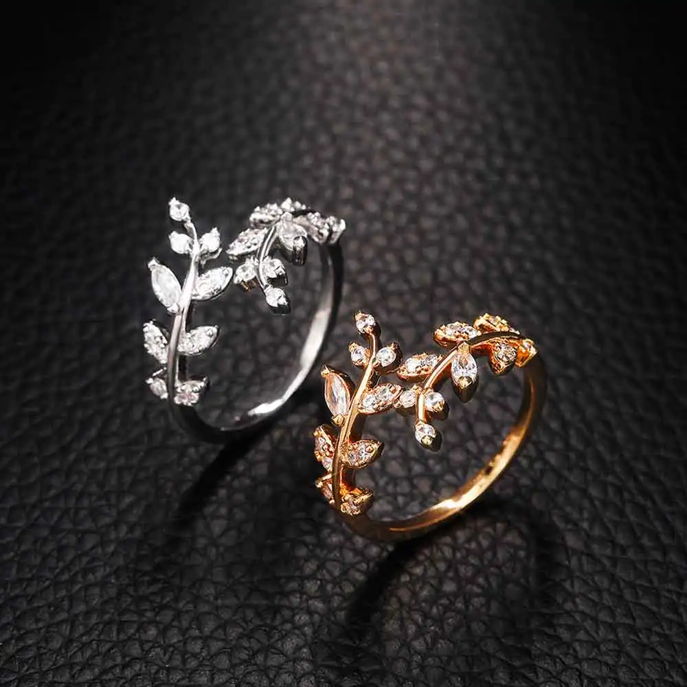 Huitan Fancy Leaf Design Adjustable Opening Rings for Women Sparkling Cubic Zirconia Olive Ring Party Daily Wear Fashion Jewelry