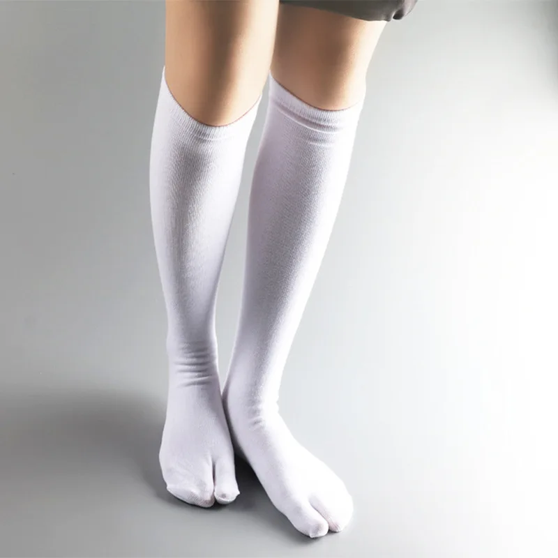 3 Pairs Long Tabi Two Toe Socks Cotton Solid Black White Calf Socks Japanese Anime Kimono Clogs Stockings for Women Men No Heel