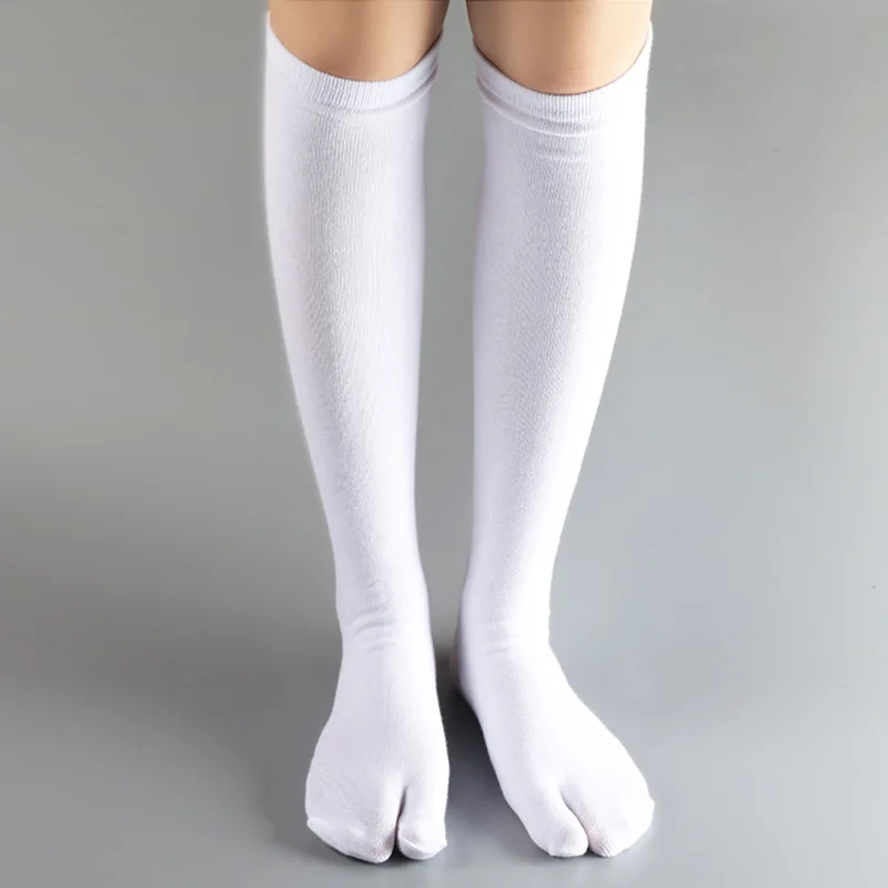 3 Pairs Long Tabi Two Toe Socks Cotton Solid Black White Calf Socks Japanese Anime Kimono Clogs Stockings for Women Men No Heel