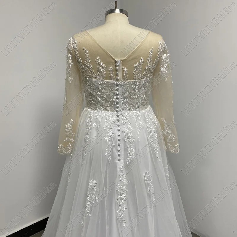 LAYOUT NICEB Vintage Long Sleeve Wedding Dress Lace Appliques Robe De Mariée Illusion Back With Button Custom Made Sweep Train
