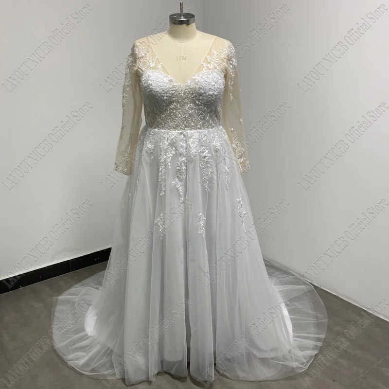 LAYOUT NICEB Vintage Long Sleeve Wedding Dress Lace Appliques Robe De Mariée Illusion Back With Button Custom Made Sweep Train