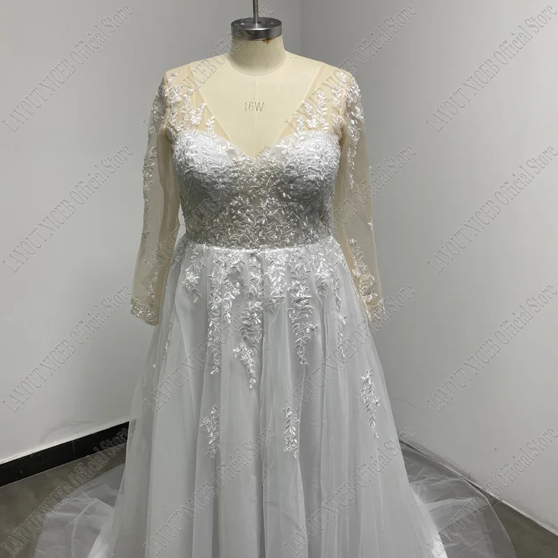 LAYOUT NICEB Vintage Long Sleeve Wedding Dress Lace Appliques Robe De Mariée Illusion Back With Button Custom Made Sweep Train
