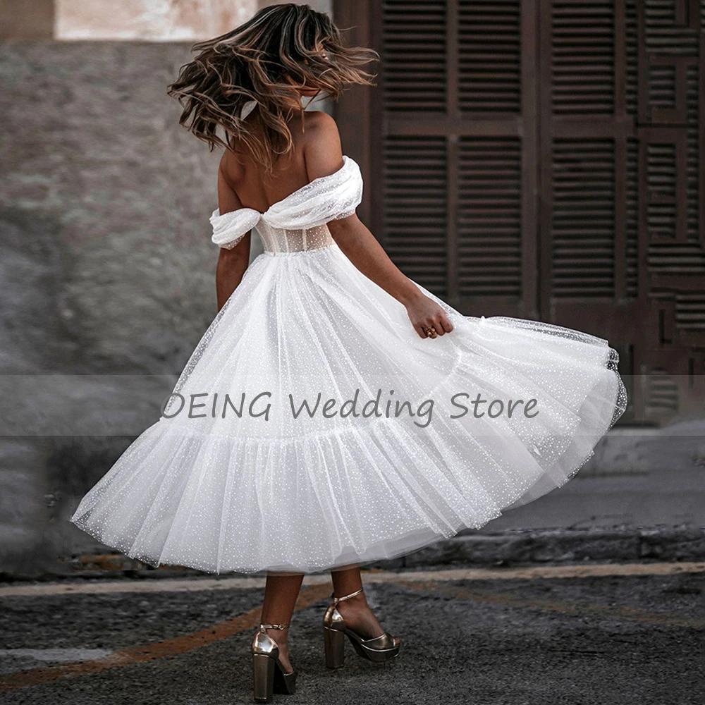 Short Wedding Dresses For Women A Line Boho Bride Gowns Backless Ivory Bridal Dresses Midi Off Shoulder Elegant Robe De Mariée