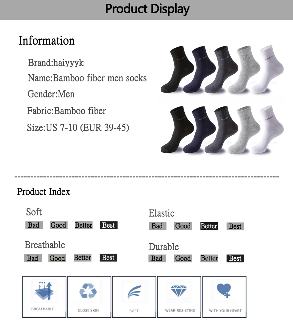 10 Pairs / Lot Bamboo Fiber Socks Men Casual Business Anti-Bacterial Breatheable Men's Crew Socks High Quality Guarantee Sock