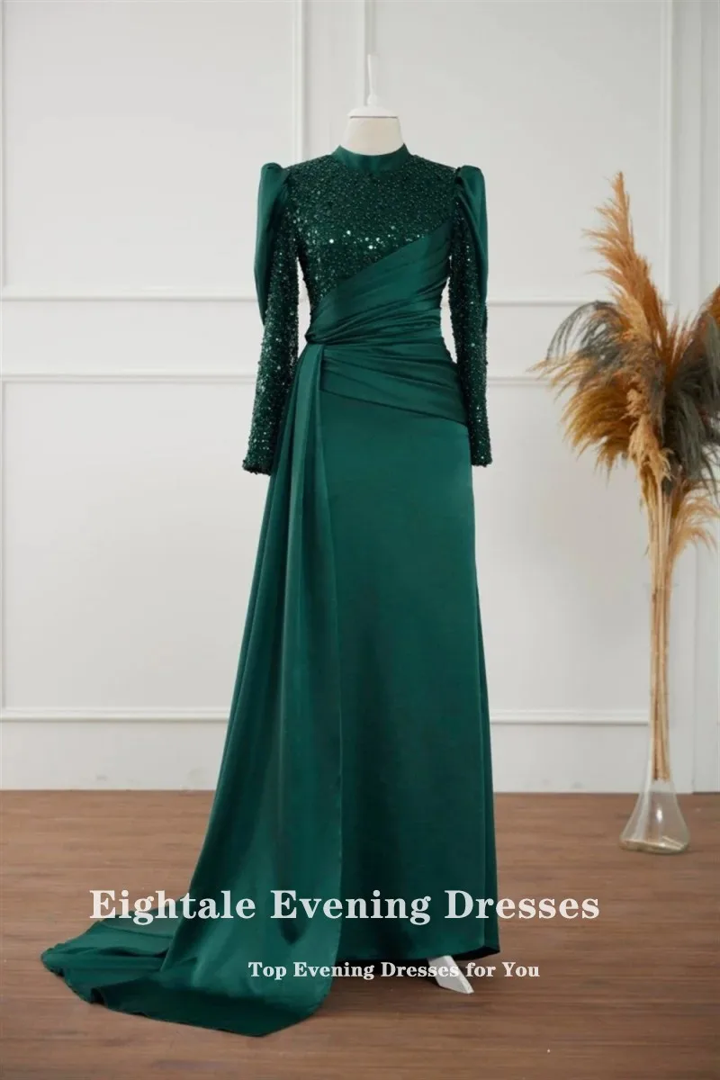 Eightale Arabic Evening Dress for Wedding Party Pink Muslim Prom Gowns Satin Sequined Long Sleeves Customized Dress abendkleid