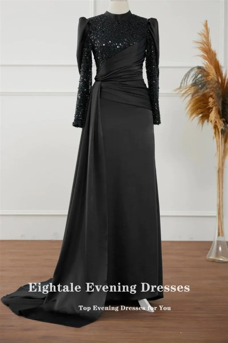 Eightale Arabic Evening Dress for Wedding Party Pink Muslim Prom Gowns Satin Sequined Long Sleeves Customized Dress abendkleid
