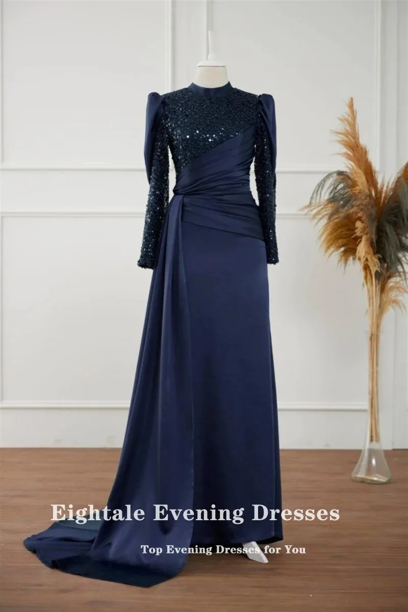 Eightale Arabic Evening Dress for Wedding Party Pink Muslim Prom Gowns Satin Sequined Long Sleeves Customized Dress abendkleid