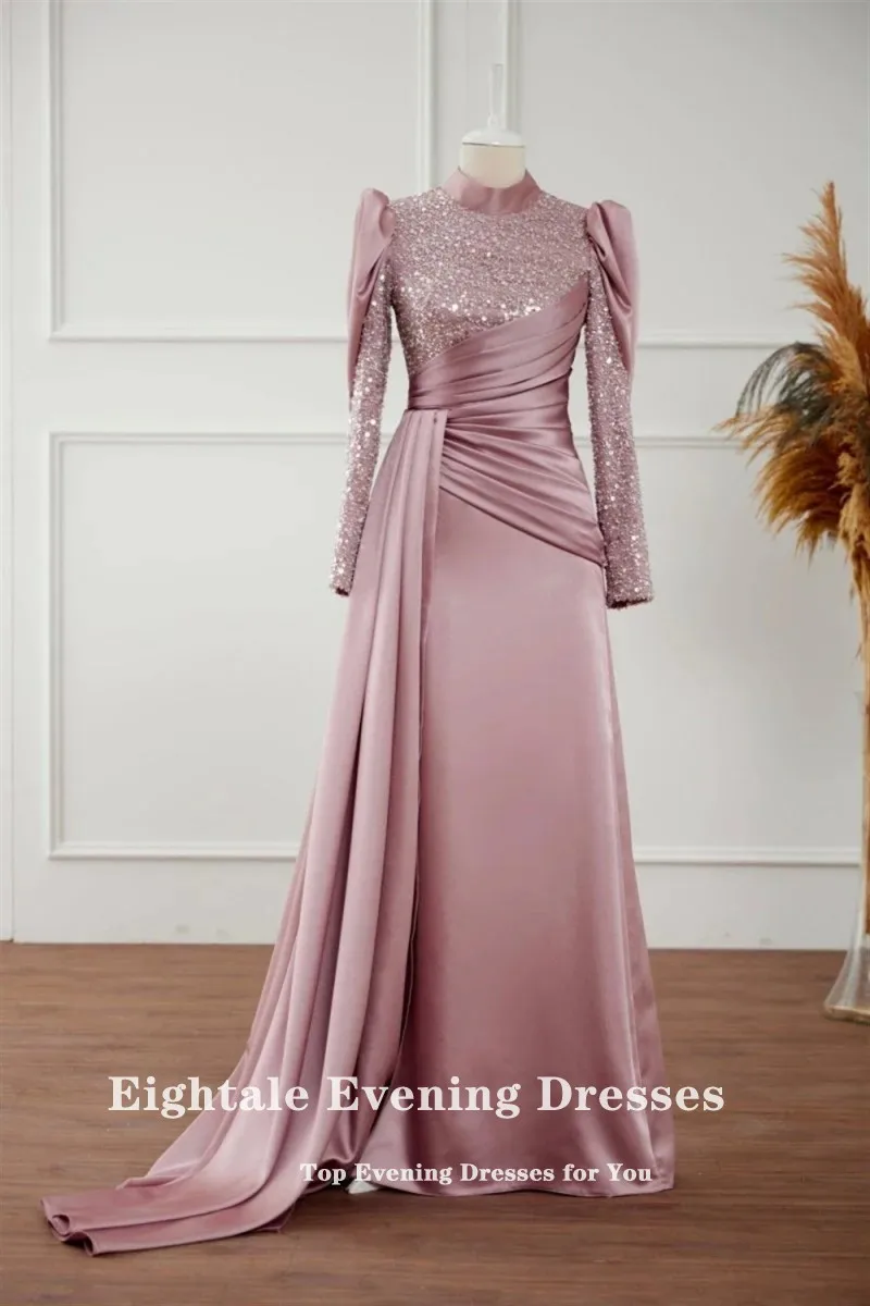 Eightale Arabic Evening Dress for Wedding Party Pink Muslim Prom Gowns Satin Sequined Long Sleeves Customized Dress abendkleid