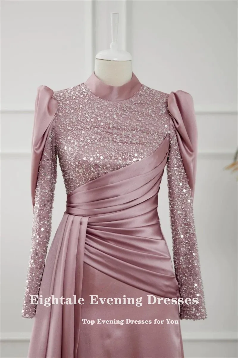 Eightale Arabic Evening Dress for Wedding Party Pink Muslim Prom Gowns Satin Sequined Long Sleeves Customized Dress abendkleid