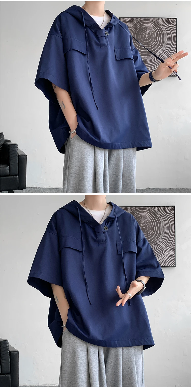 2026 Summer Men Hooded Shirt Korean Half Sleeve Pullover Streetwear Hip Hop Loose Shirt Tops Drawstring Men Clothing M-5XL