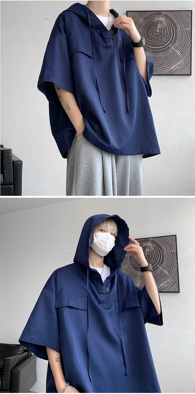 2026 Summer Men Hooded Shirt Korean Half Sleeve Pullover Streetwear Hip Hop Loose Shirt Tops Drawstring Men Clothing M-5XL