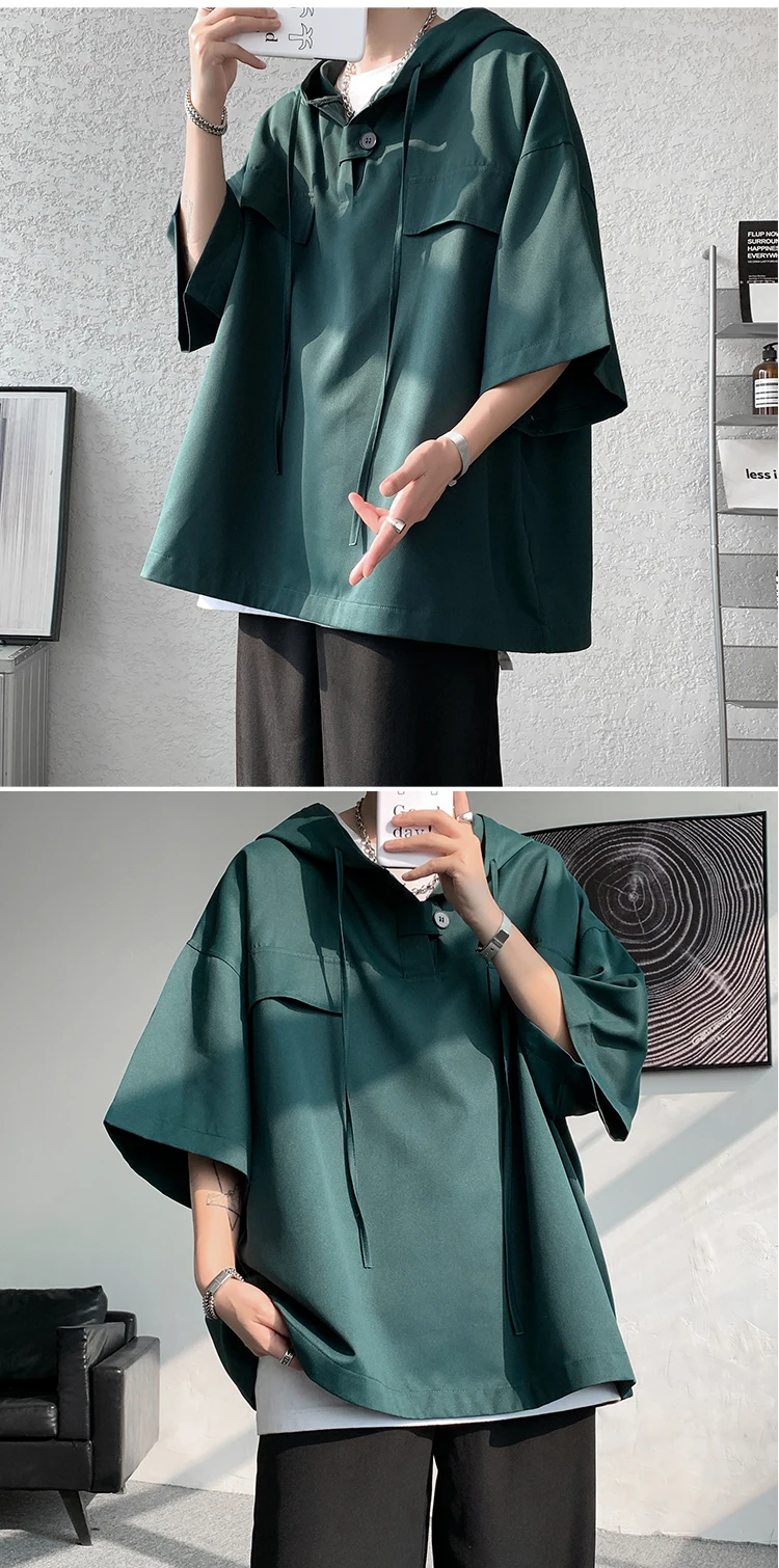 2026 Summer Men Hooded Shirt Korean Half Sleeve Pullover Streetwear Hip Hop Loose Shirt Tops Drawstring Men Clothing M-5XL