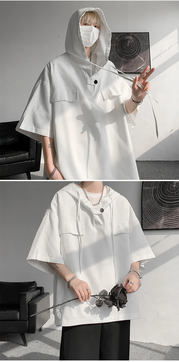 2026 Summer Men Hooded Shirt Korean Half Sleeve Pullover Streetwear Hip Hop Loose Shirt Tops Drawstring Men Clothing M-5XL