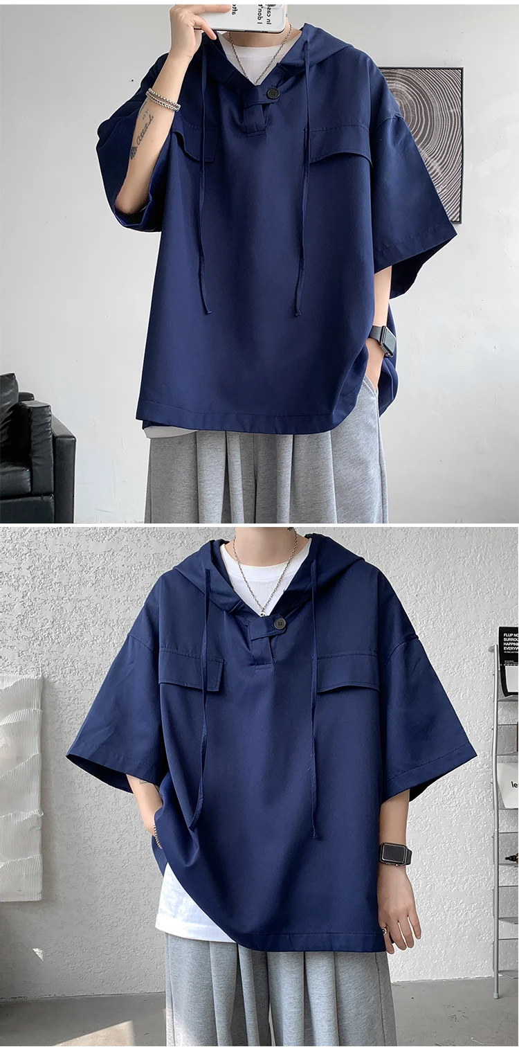 2026 Summer Men Hooded Shirt Korean Half Sleeve Pullover Streetwear Hip Hop Loose Shirt Tops Drawstring Men Clothing M-5XL