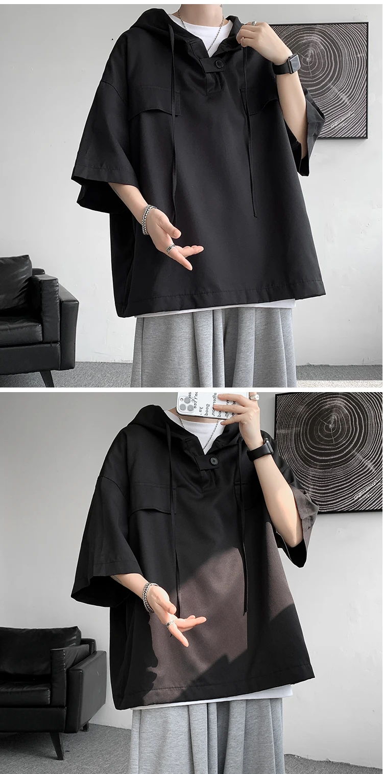 2026 Summer Men Hooded Shirt Korean Half Sleeve Pullover Streetwear Hip Hop Loose Shirt Tops Drawstring Men Clothing M-5XL