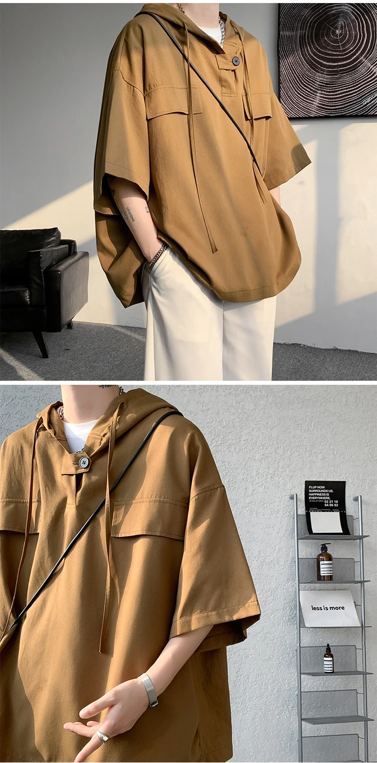 2026 Summer Men Hooded Shirt Korean Half Sleeve Pullover Streetwear Hip Hop Loose Shirt Tops Drawstring Men Clothing M-5XL