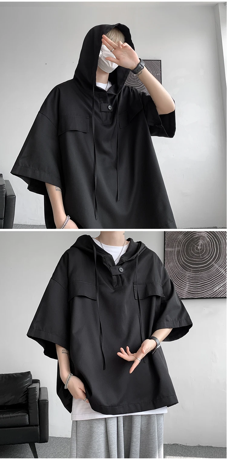 2026 Summer Men Hooded Shirt Korean Half Sleeve Pullover Streetwear Hip Hop Loose Shirt Tops Drawstring Men Clothing M-5XL