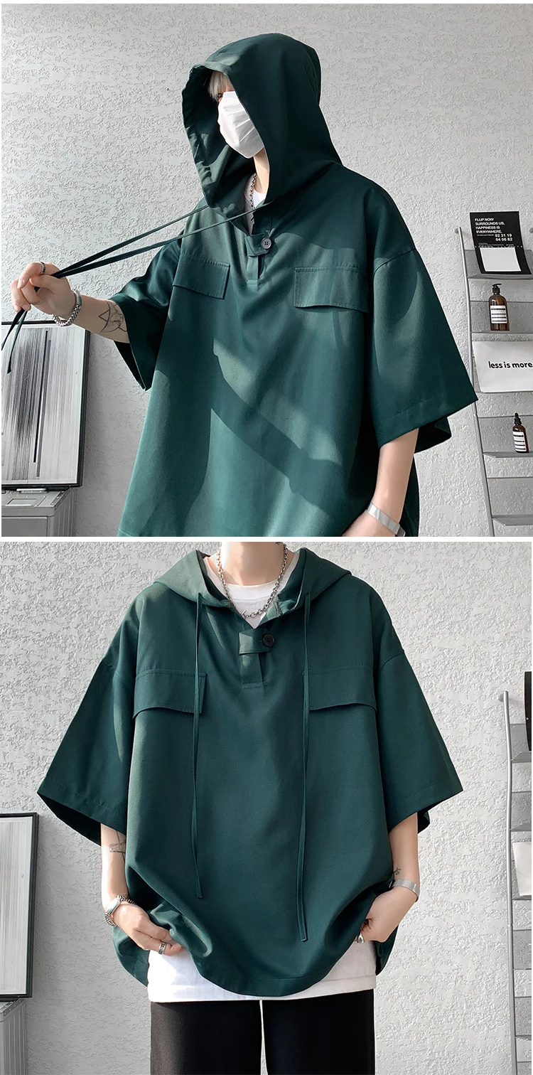 2026 Summer Men Hooded Shirt Korean Half Sleeve Pullover Streetwear Hip Hop Loose Shirt Tops Drawstring Men Clothing M-5XL