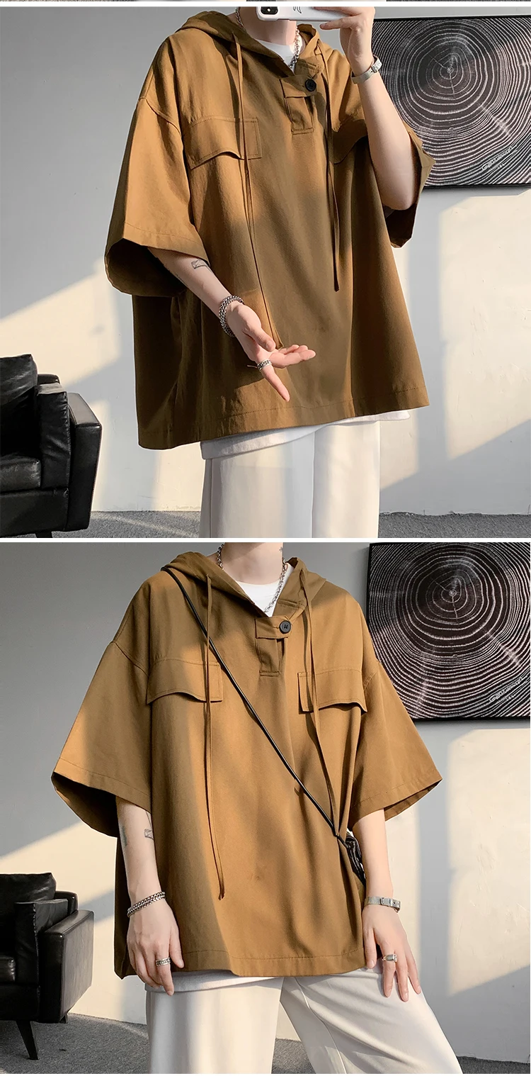 2026 Summer Men Hooded Shirt Korean Half Sleeve Pullover Streetwear Hip Hop Loose Shirt Tops Drawstring Men Clothing M-5XL