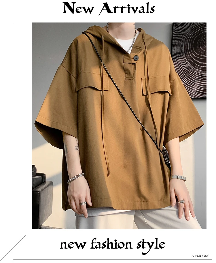 2026 Summer Men Hooded Shirt Korean Half Sleeve Pullover Streetwear Hip Hop Loose Shirt Tops Drawstring Men Clothing M-5XL