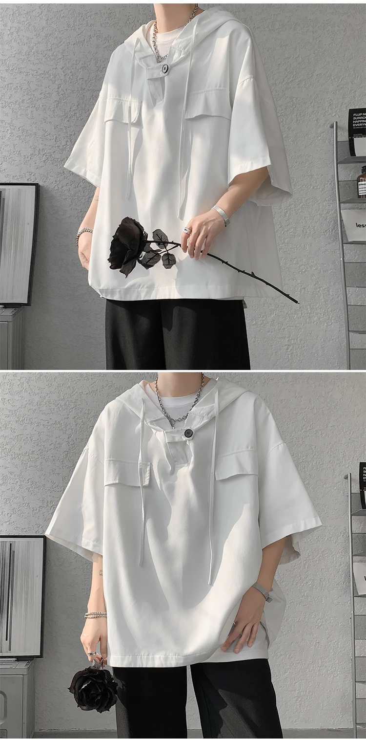 2026 Summer Men Hooded Shirt Korean Half Sleeve Pullover Streetwear Hip Hop Loose Shirt Tops Drawstring Men Clothing M-5XL