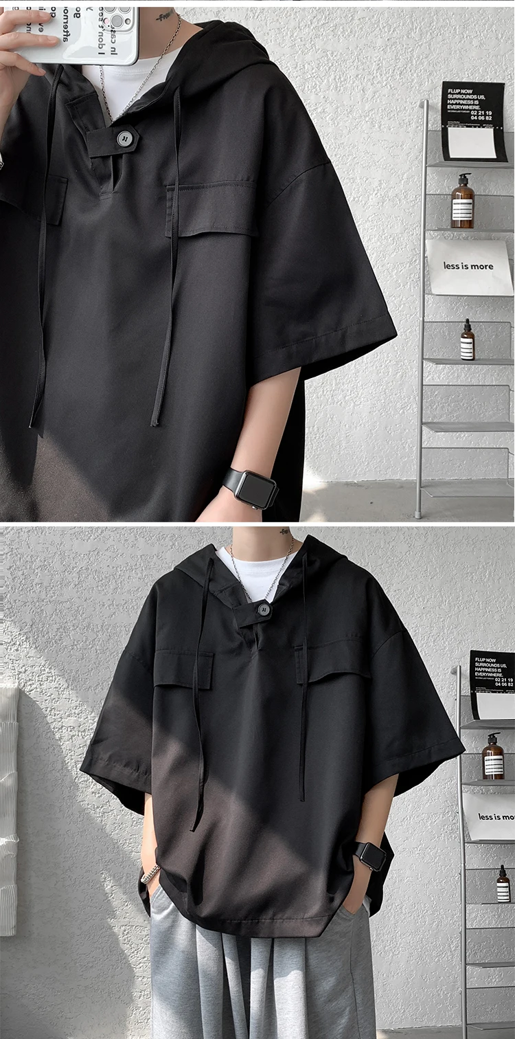 2026 Summer Men Hooded Shirt Korean Half Sleeve Pullover Streetwear Hip Hop Loose Shirt Tops Drawstring Men Clothing M-5XL