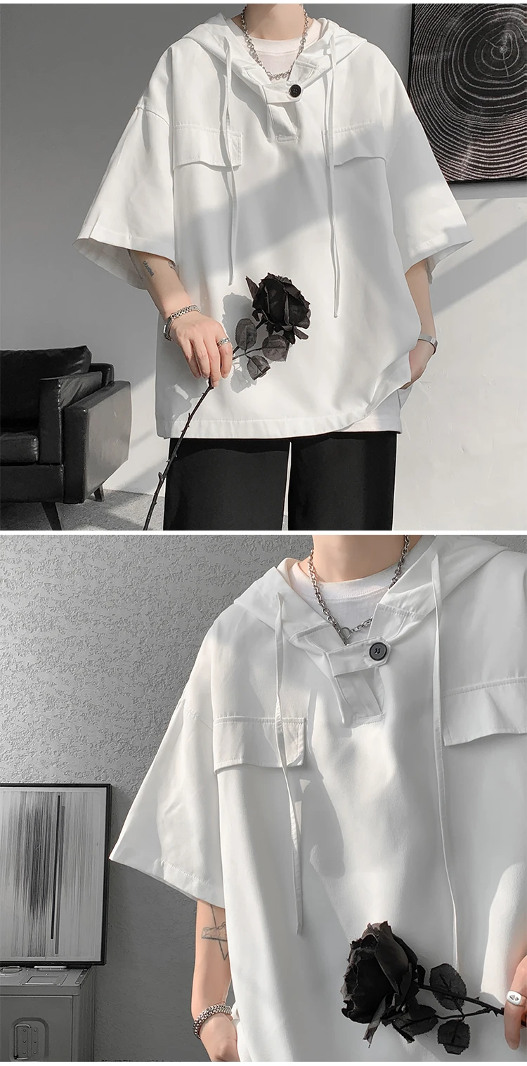 2026 Summer Men Hooded Shirt Korean Half Sleeve Pullover Streetwear Hip Hop Loose Shirt Tops Drawstring Men Clothing M-5XL