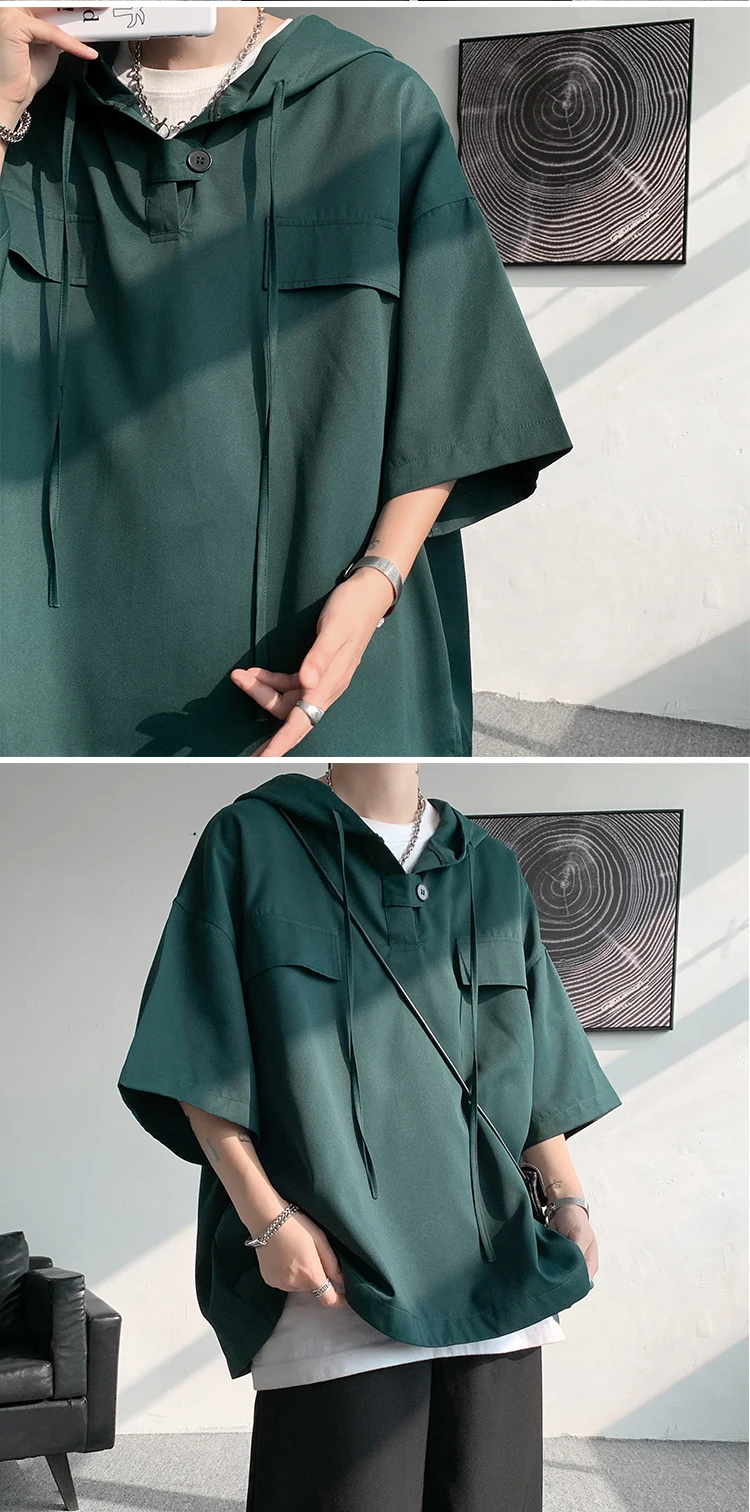 2026 Summer Men Hooded Shirt Korean Half Sleeve Pullover Streetwear Hip Hop Loose Shirt Tops Drawstring Men Clothing M-5XL