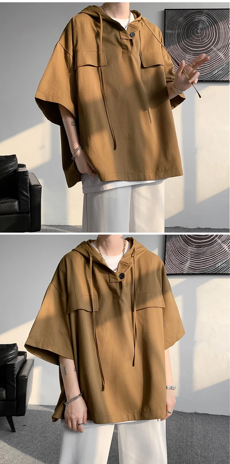 2026 Summer Men Hooded Shirt Korean Half Sleeve Pullover Streetwear Hip Hop Loose Shirt Tops Drawstring Men Clothing M-5XL