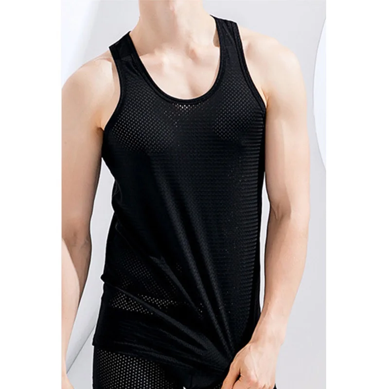 New Mens Mesh Vest Ice Silk Quick-drying Bodybuilding Tank tops Fitness Muscle Sleeveless Narrow Vest Fitness Casual Sport Tops