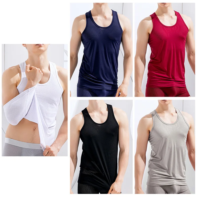 New Mens Mesh Vest Ice Silk Quick-drying Bodybuilding Tank tops Fitness Muscle Sleeveless Narrow Vest Fitness Casual Sport Tops