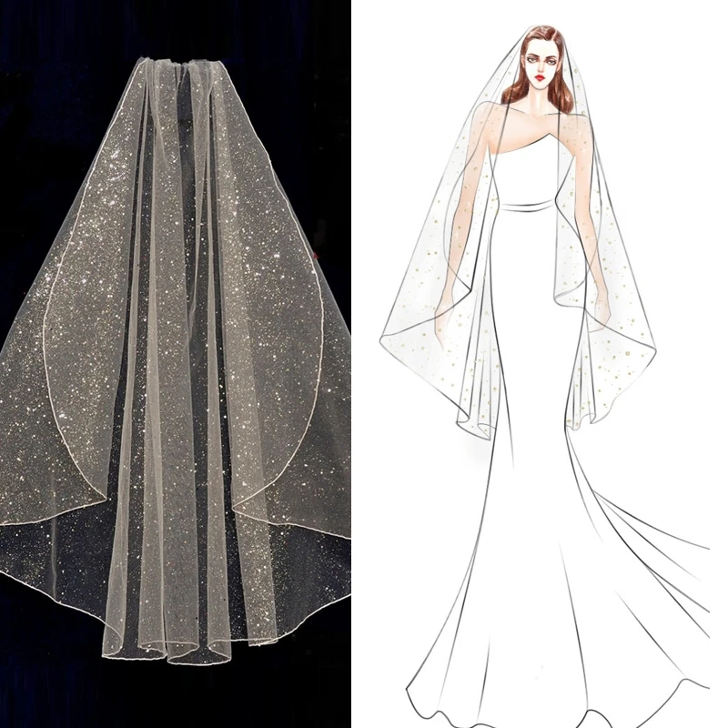 B62 Short Bridal Veil with Comb Luxury Pencil Edge Wedding Veil 2022 Turkish Veil Glitter Veil White Champagne Bride Veil
