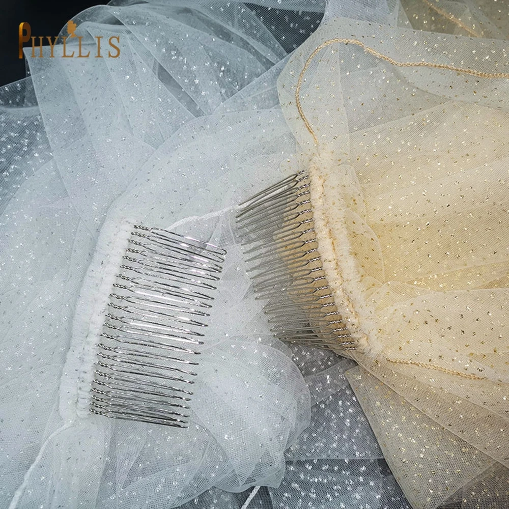 B62 Short Bridal Veil with Comb Luxury Pencil Edge Wedding Veil 2022 Turkish Veil Glitter Veil White Champagne Bride Veil