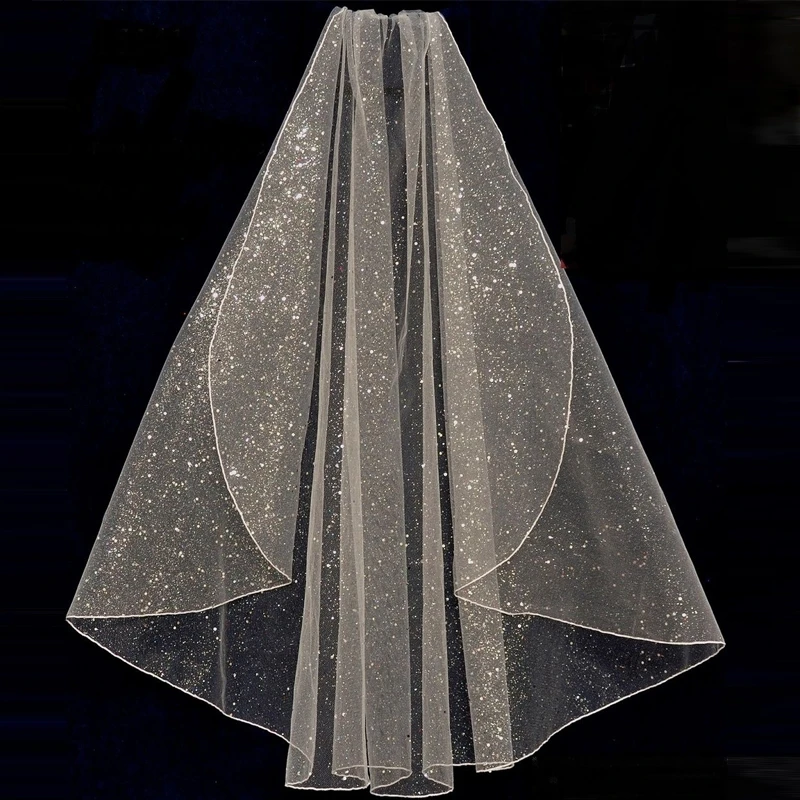 B62 Short Bridal Veil with Comb Luxury Pencil Edge Wedding Veil 2022 Turkish Veil Glitter Veil White Champagne Bride Veil