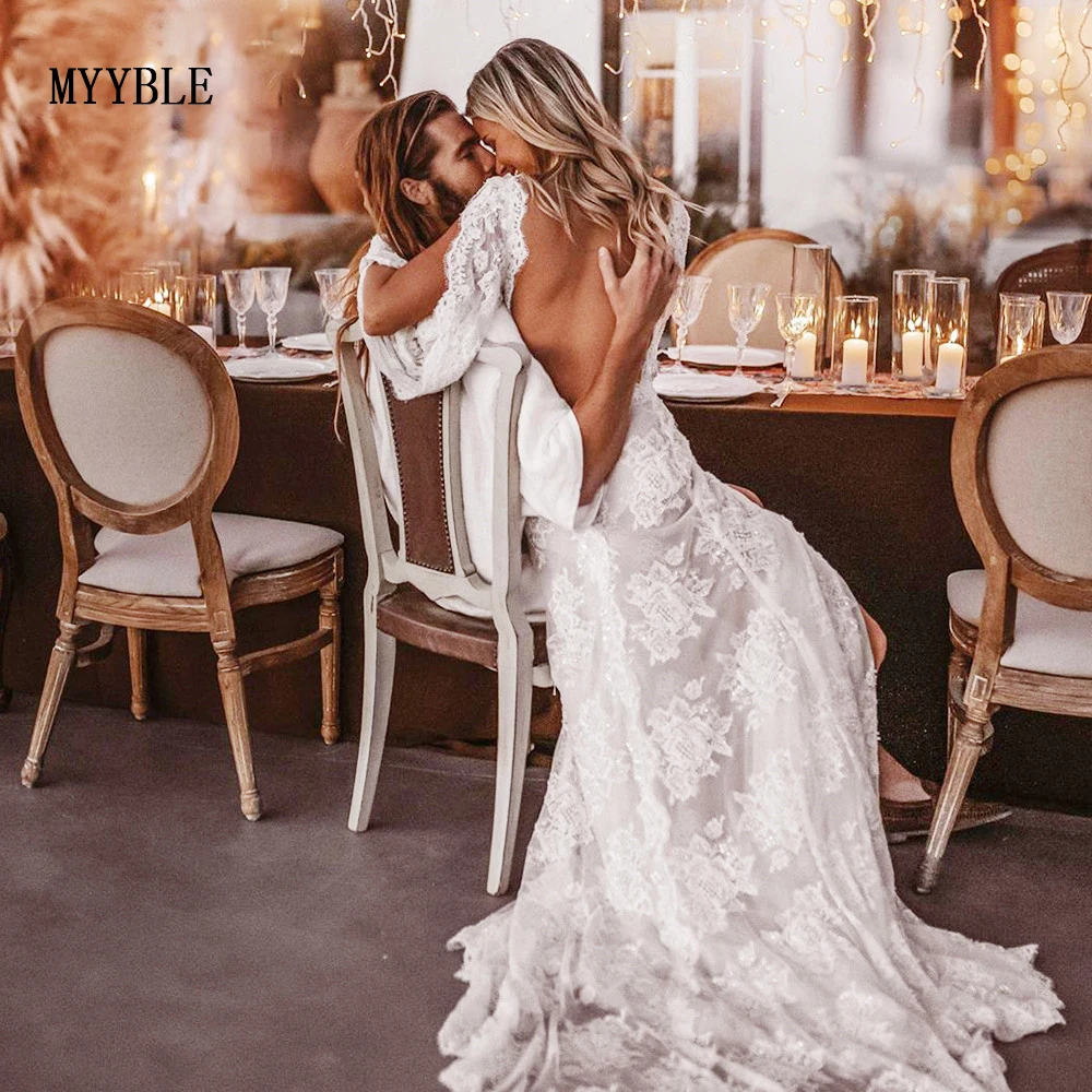 Customized Bohemian Wedding Dresses Lace V-Neck Wedding Gown Boho Beach Bridal Dress Long Sleeves Open Back Vestido Novia