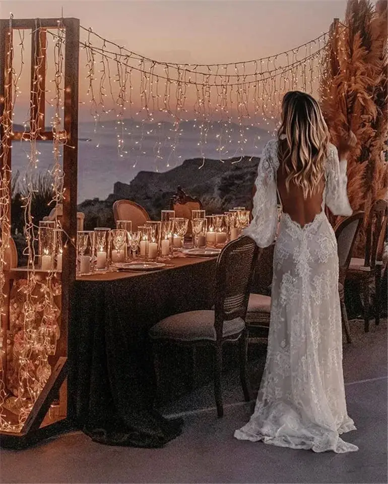 Customized Bohemian Wedding Dresses Lace V-Neck Wedding Gown Boho Beach Bridal Dress Long Sleeves Open Back Vestido Novia