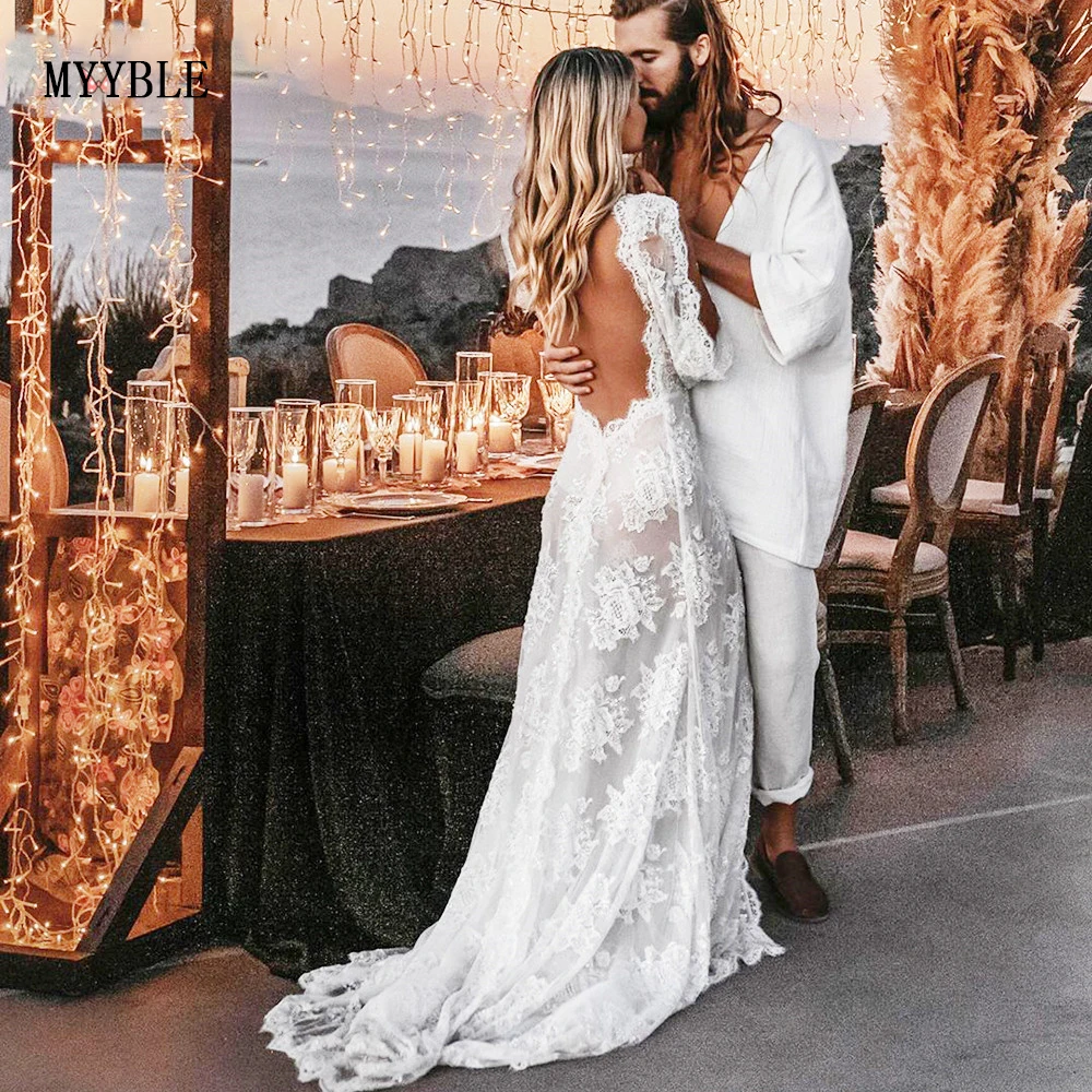 Customized Bohemian Wedding Dresses Lace V-Neck Wedding Gown Boho Beach Bridal Dress Long Sleeves Open Back Vestido Novia