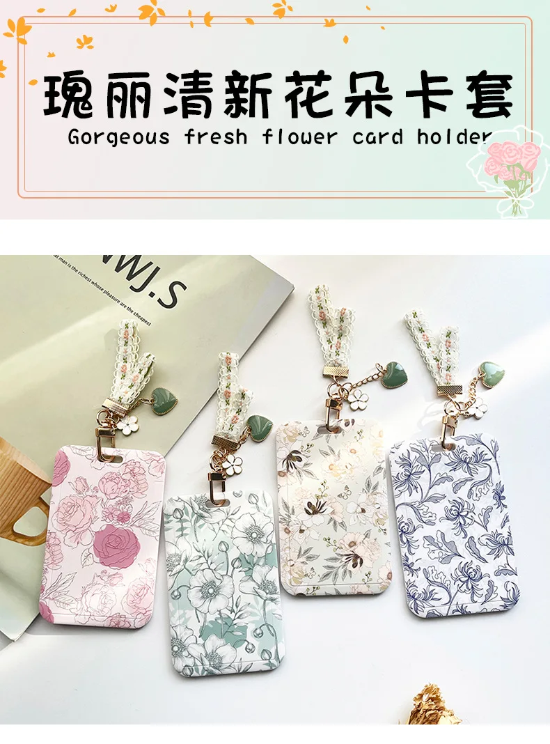 1 Pcs Simple And Fresh Flower Card Set Student Card Bus Access Protection Card Holder ABS Plastic Neck Rope Card Cover