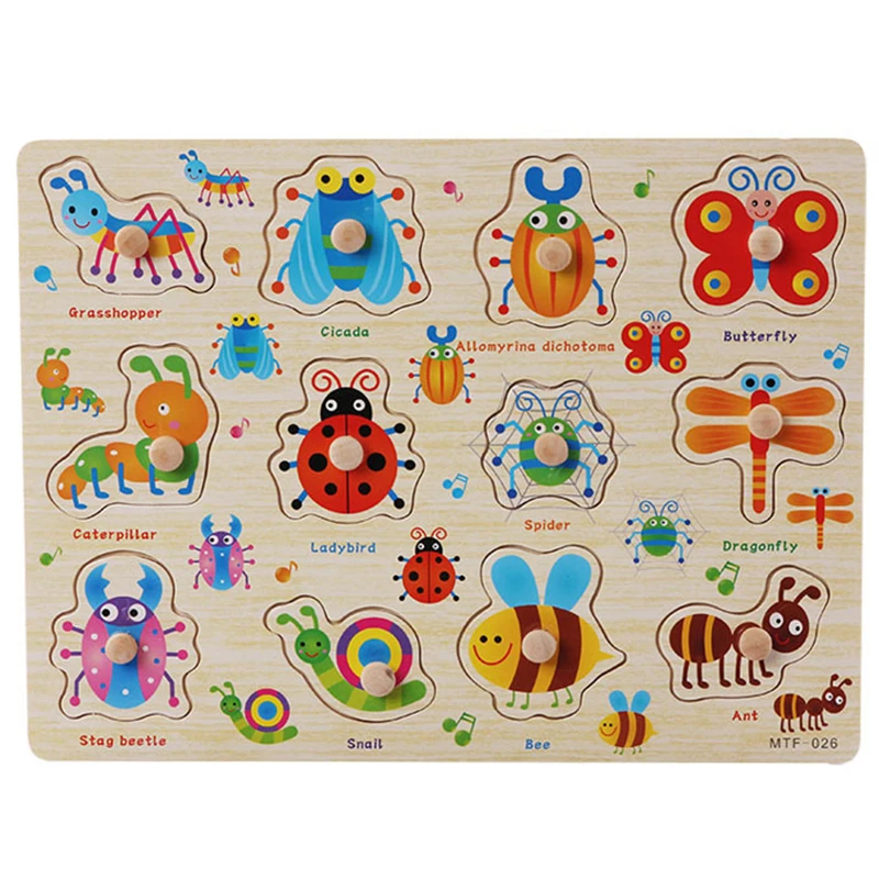 Montessori Wooden Puzzles Baby Educational Toys Hand Grab Boards Tangram Cartoon Animals Fruits 3D Puzzles for babies 2 3 years