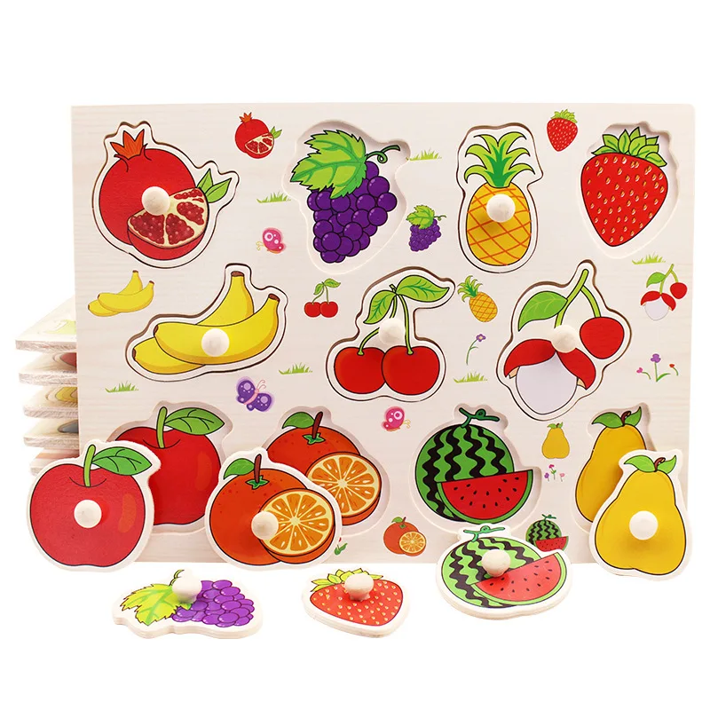Montessori Wooden Puzzles Baby Educational Toys Hand Grab Boards Tangram Cartoon Animals Fruits 3D Puzzles for babies 2 3 years